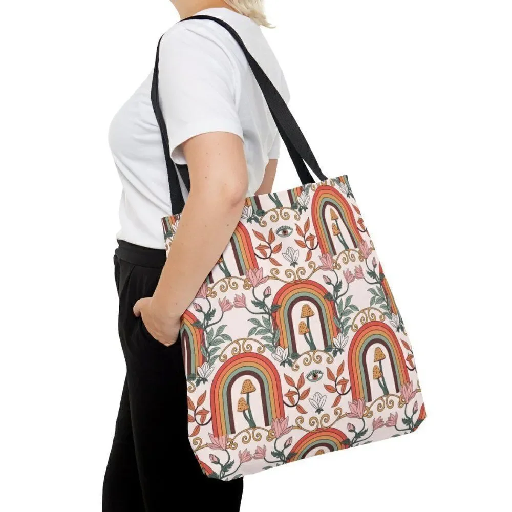 Boho Mushroom Rainbow Tote Bag Cottagecore Eye Print Psychedelic Shoulder Bag - Picture 3 of 5